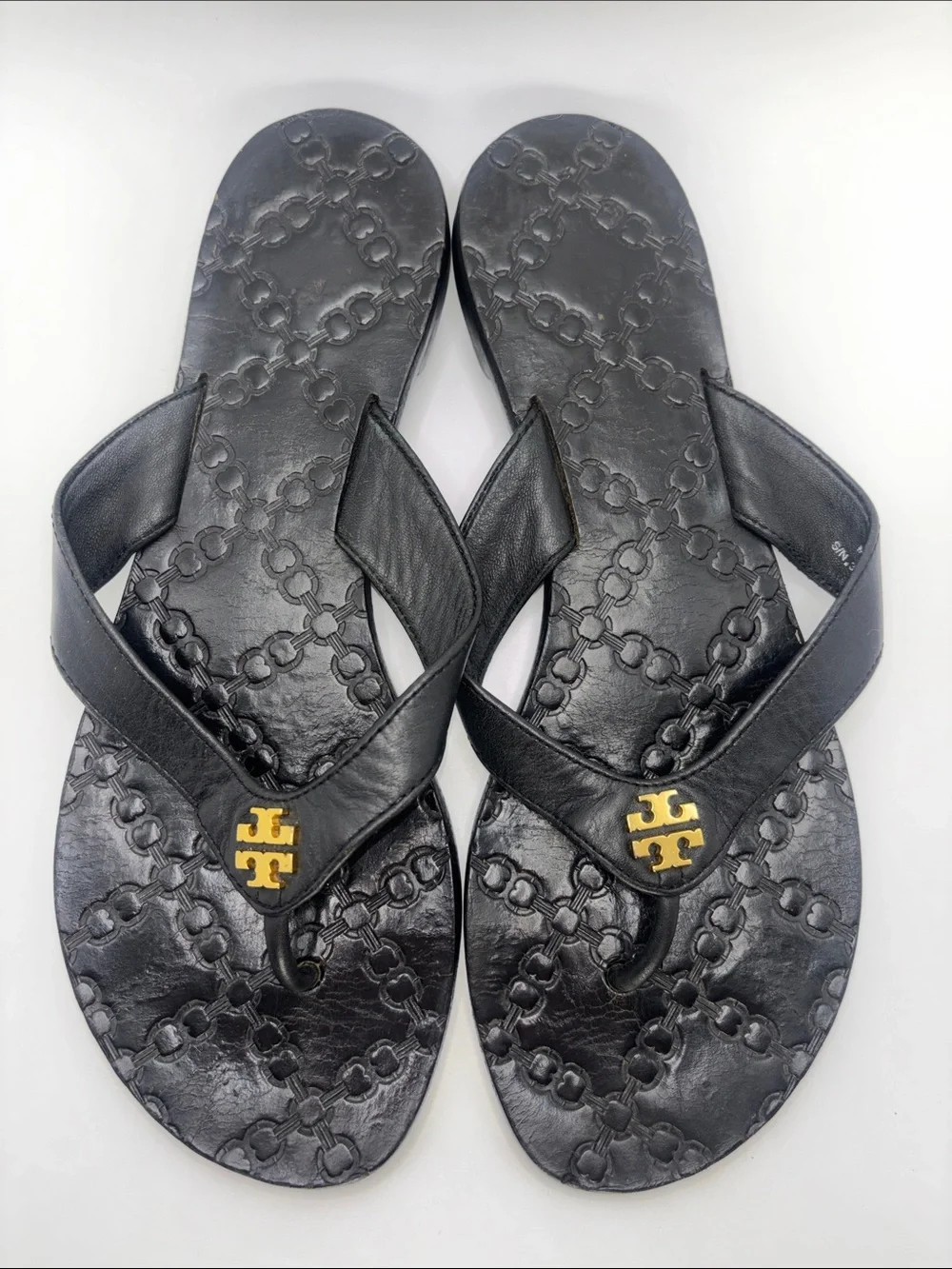 Tory Burch Black Leather Logo Thong Sandals with Gold Emblem
